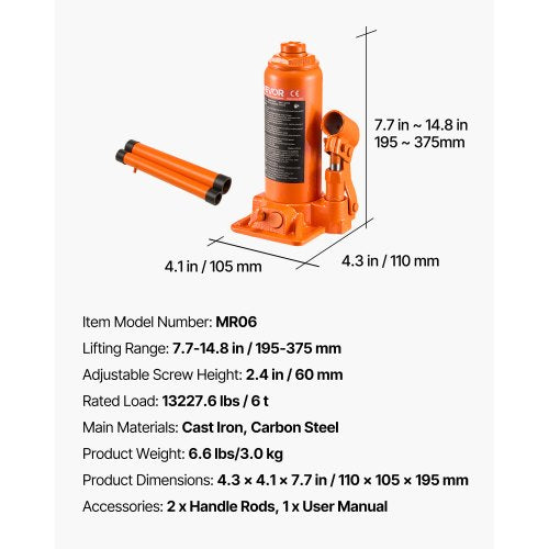 Hydraulic Bottle Jack 6 Ton 13227.6 lbs Capacity 77148 Inch Lifting
