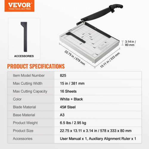 Paper Cutter Guillotine Trimmer 15 Cut Length 16 Sheets Capacity Heavy