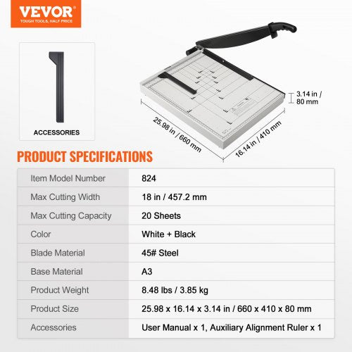 Paper Cutter Guillotine Trimmer 18 Cut Length 20 Sheets Capacity Heavy