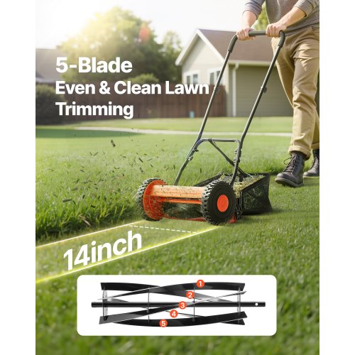 Push Reel Lawn Mower 14 inch 5 Blades Manual Push Mower No Motor 06175