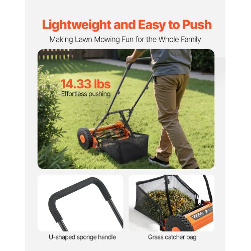 Push Reel Lawn Mower 14 inch 5 Blades Manual Push Mower No Motor 06175