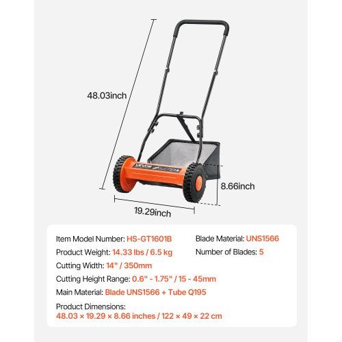 Push Reel Lawn Mower 14 inch 5 Blades Manual Push Mower No Motor 06175