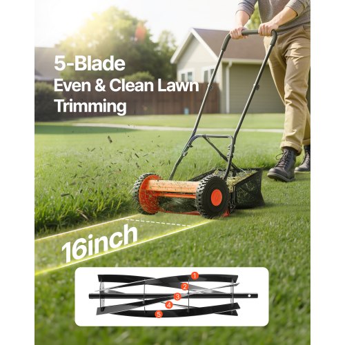 Push Reel Lawn Mower 16 inch 5 Blades Manual Push Mower No Motor 06175