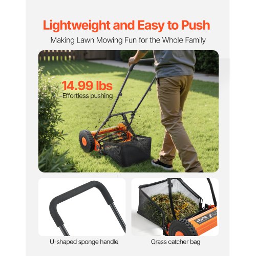 Push Reel Lawn Mower 16 inch 5 Blades Manual Push Mower No Motor 06175