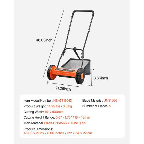 Push Reel Lawn Mower 16 inch 5 Blades Manual Push Mower No Motor 06175