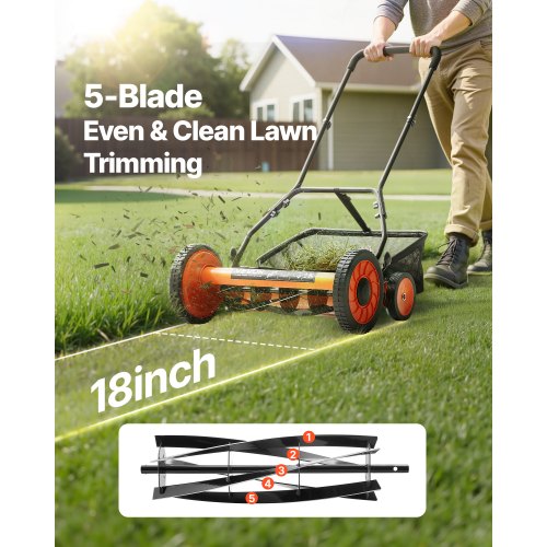 Push Reel Lawn Mower 18 inch 5 Blades Manual Push Mower No Motor 137244