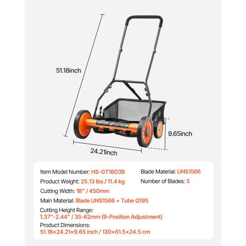 Push Reel Lawn Mower 18 inch 5 Blades Manual Push Mower No Motor 137244