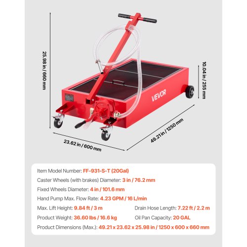Low Profile Oil Drain Pan 20 Gallon Capacity Rolling Oil Drain Pan with Manual