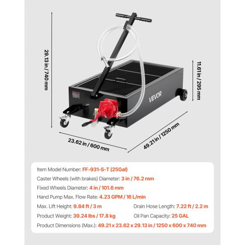Low Profile Oil Drain Pan 25 Gallon Capacity Rolling Oil Drain Pan with Manual
