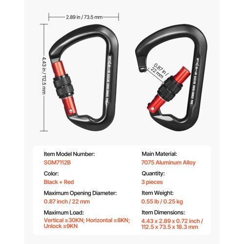 Climbing Carabiner Clips 3 PCS Heavy Duty Caribiner Professional 30 KN