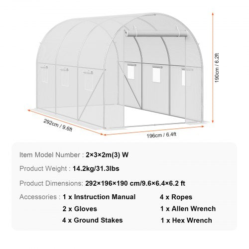 Walkin Tunnel Greenhouse 958x643x623ft Galvanized Frame PE Cover White