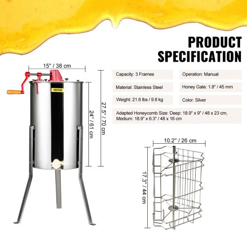 Manual Honey Extractor 3 Frames Honey Spinner Extractor Stainless Steel