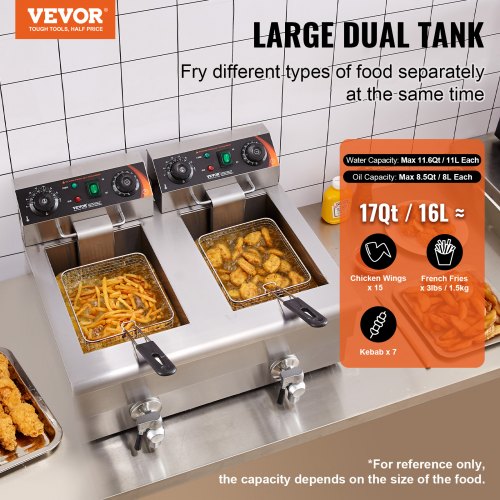 Commercial Deep Fryer Dual Tank 3000W Electric Countertop Fryer with Basket