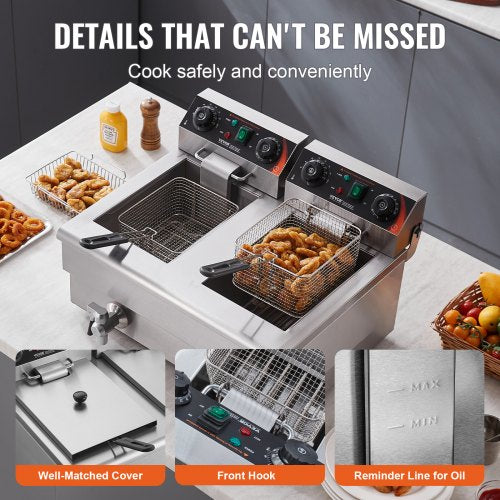 Commercial Deep Fryer Dual Tank 3000W Electric Countertop Fryer with Basket