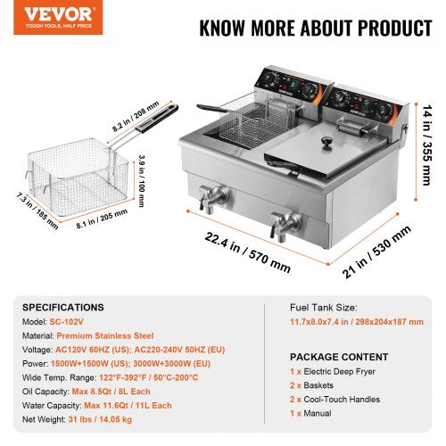 Commercial Deep Fryer Dual Tank 3000W Electric Countertop Fryer with Basket