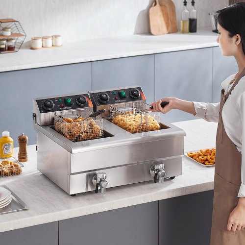 Commercial Deep Fryer Dual Tank 3000W Electric Countertop Fryer with Basket
