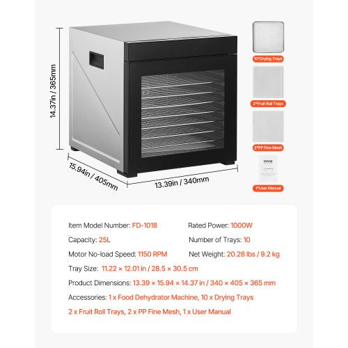 Food Dehydrator Machine 10 Stainless Steel Trays 1000W Electric Food Dryer