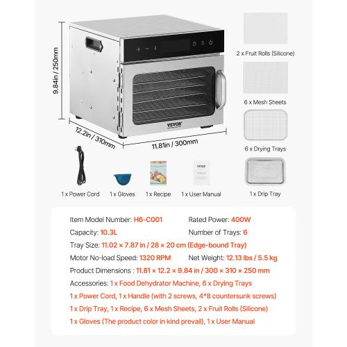 Food Dehydrator Machine 6 Stainless Steel Trays 400W Electric Food Dryer
