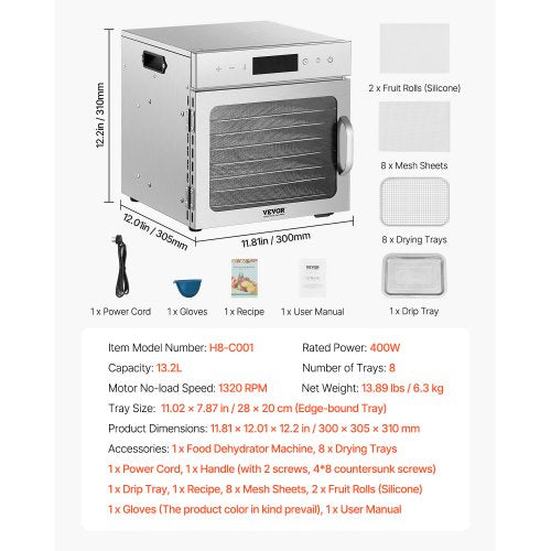 Food Dehydrator Machine 8 Stainless Steel Trays 400W Electric Food Dryer