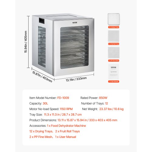 Food Dehydrator Machine 12 Stainless Steel Trays 850W Electric Food Dryer