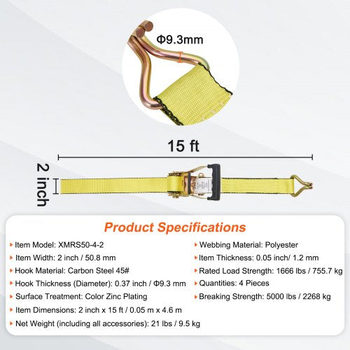 Ratchet Tie Down Straps 4PK 5000 lb Break Strength Double J Hook