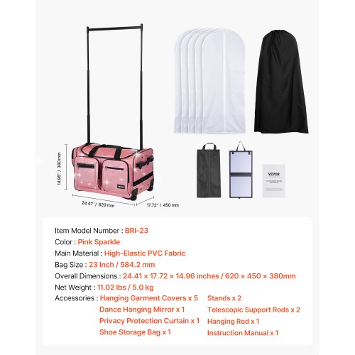 Dance Bag with Garment Rack 23 Inch Rolling Dance Duffel with Wheels USB