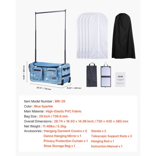 Dance Bag with Garment Rack 29 Inch Rolling Dance Duffel with Wheels USB
