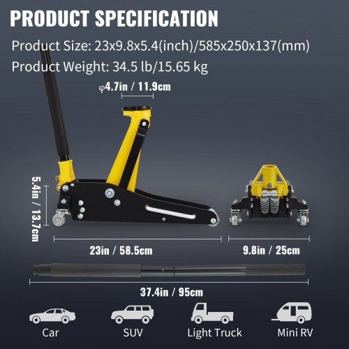 15 Ton Low Profile Aluminum Steel Racing Floor Jack Dual Pump Lift Car – 950 MM