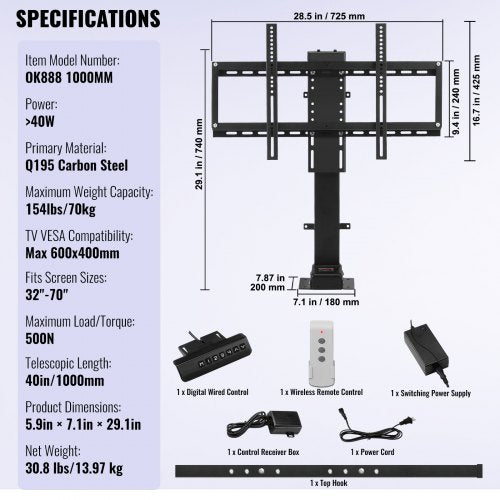 Automated TV Elevator 394 Stroke Supports 3270 TVs Adjustable Height
