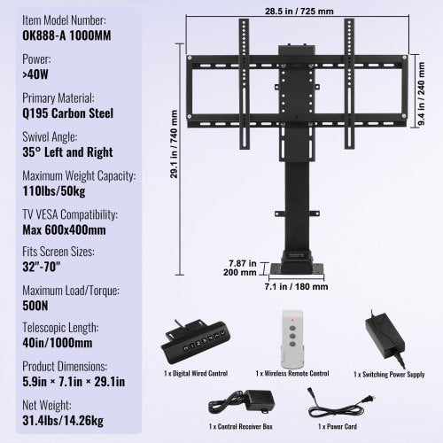 Motorized TV Lift with Swivel Adjustable Height 28746811 Inch for 3270