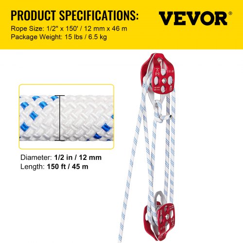 Twin Sheave Block and Tackle 7700LBS Pulley 150Ft 12Inch Double Braid Rope