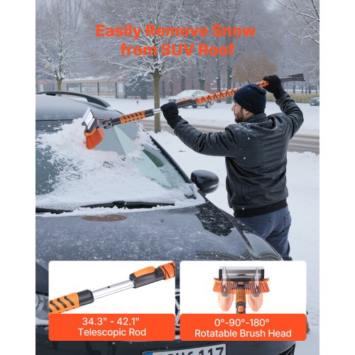 Car Snow Brush 3In1 Remover For Windshield With 180 Pivoting Head Squeegee Ice