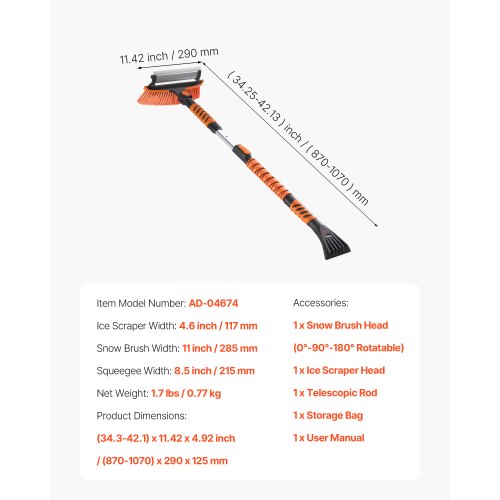Car Snow Brush 3In1 Remover For Windshield With 180 Pivoting Head Squeegee Ice