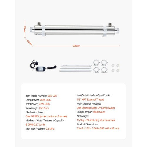 UV Water Purifier 25W 6GPM 110V Versatile Ultraviolet Water Purifier