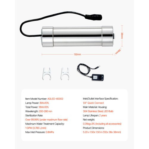 UV Water Purifier 8W 1GPM 110V Versatile Ultraviolet Water Purifier Filter