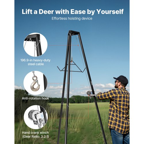 Tripod Deer Hoist 500 lbs Load Capacity Hunting Game Hoist Winch Lift
