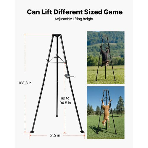 Tripod Deer Hoist 500 lbs Load Capacity Hunting Game Hoist Winch Lift
