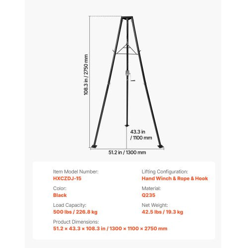 Tripod Deer Hoist 500 lbs Load Capacity Hunting Game Hoist Winch Lift