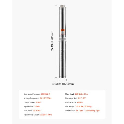 Deep Well Submersible Pump 1.5 HP Output Power 115V 317 GPM Flow 276 ft