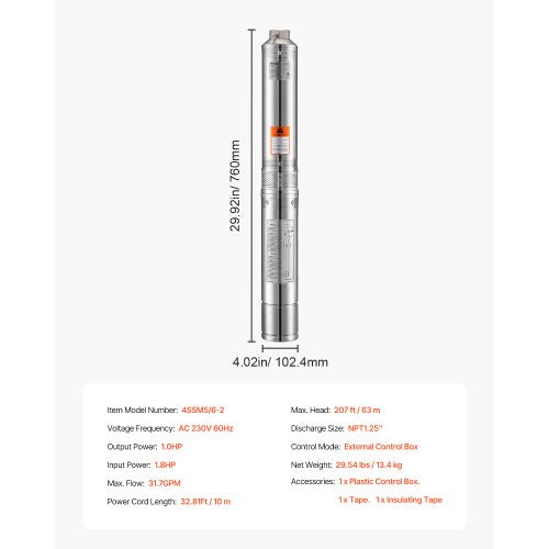 Deep Well Submersible Pump 1 HP Output Power 230V 317 GPM Flow 207 ft