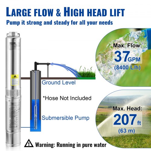 Deep Well Submersible Pump 1HP 230V60Hz 37gpm Flow 207ft Head with 33ft
