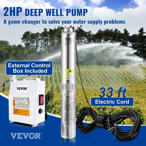 Deep Well Submersible Pump 2HP 230V60Hz 37GPM 427 ft Head with 33 ft