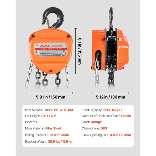 Hand Chain Hoist 1 Ton 2200 lbs Capacity Manual Chain Block with Upgrade 1