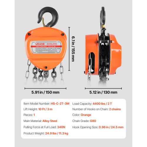 Hand Chain Hoist 2 Ton 4400 lbs Capacity Manual Chain Block with Upgrade