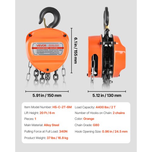 Hand Chain Hoist 2 Ton 4400 lbs Capacity Manual Chain Block with Upgrade 1