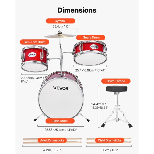 Kids Drum Set 3Piece 14 in Junior Drum Sets Beginner Drums Set with Adjustable
