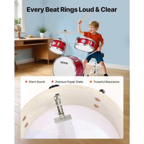 Kids Drum Set 3Piece 14 in Junior Drum Sets Beginner Drums Set with Adjustable