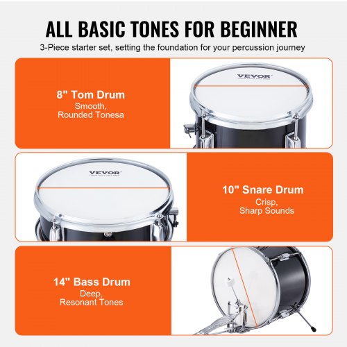 Kids Drum Set 3Piece 14 in Beginner Drum Set with Adjustable Throne