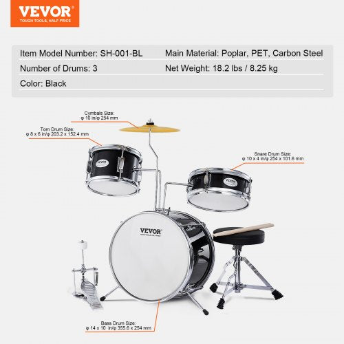 Kids Drum Set 3Piece 14 in Beginner Drum Set with Adjustable Throne