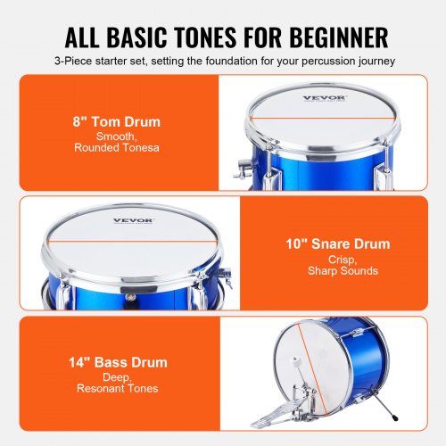 Kids Drum Set 3Piece 14 in Beginner Drum Set with Adjustable Throne